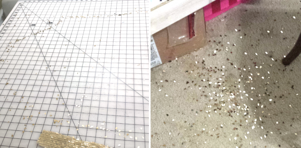 Left: Table after cutting out a piece Right: sequins from trimming one seam allowance